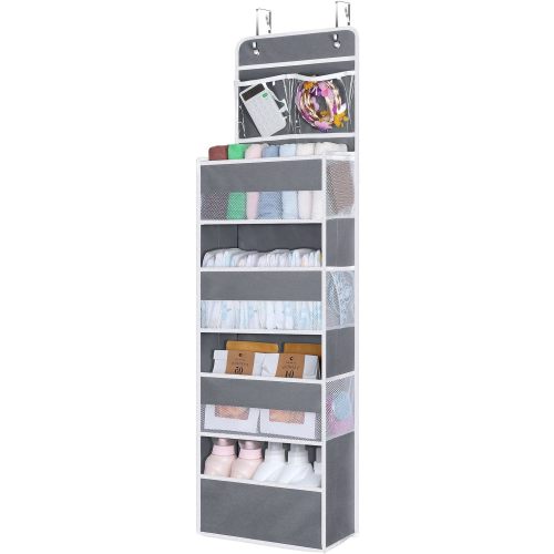 Univivi Over The Door Organizer, 5 Shelf Door Hanging Organizer Nursery Door Storage with 4 Large Compartments and 2 Small PVC Pockets 6 Side Pockets for Bathroom,Cosmetics and Nursery Baby Essential