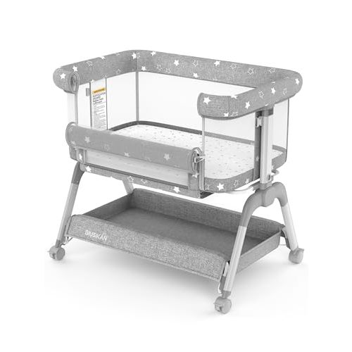 BIUSIKAN Bassinet Bedside Sleeper, Baby Crib with Mattress, Baby Bedside Bassinet with Adjustable Height & Upgraded Wheels, All Mesh Portable Bassinet for Co-Sleeping, Baby Bed for Newborn