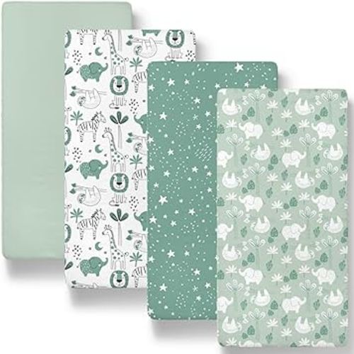 The Peanutshell Fitted Bassinet Sheets Set, Universal Fit for Oval, Rectangle, Hourglass Mattresses, Green Safari Animals