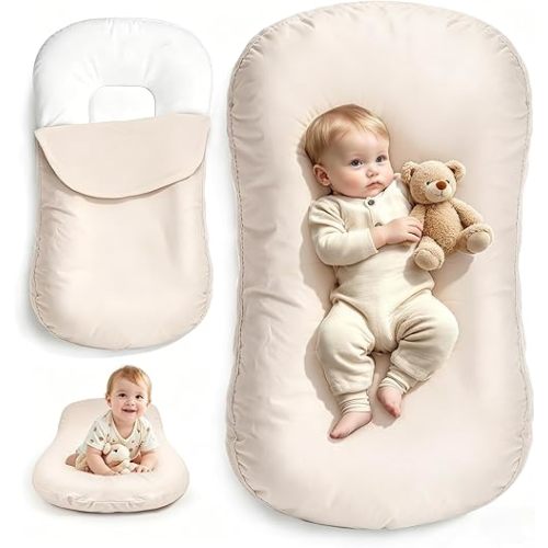 FibeGlis Extra Large Baby Lounger for Newborn & Infant, Pure Cotton Infant Lounger with Thick Support Filling & Removable Envelope Cover, Portable Baby Nest for Supervised Play