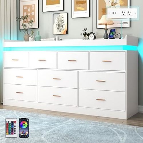 10 Drawer Dresser with LED Light and Charging Station, Modern Chest of Drawers for Closet, Wide Drawer Organizer Cabinet for, Living Room, Entryway, Hallway, White
