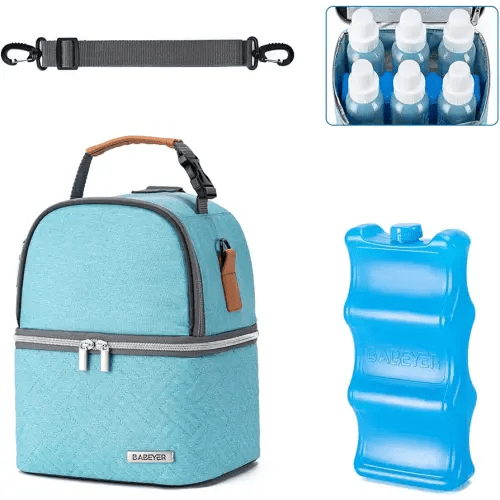 Breastmilk Cooler Bag with Ice Pack Fits 6 Baby Bottles up to 9 Ounce, Breast Milk Pump Cooler Bag with Shoulder Strap for Nursing Mom Daycare, Work, Travel- Lake green