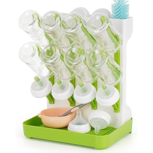 Baby Bottle Drying Rack, Space Saving Baby Bottle Organizer for Countertop, Vertical Bottle Dryer Holder with Brushes Holder, Large Bottle Storage Holder 12 Bottles & Baby Accessories Green