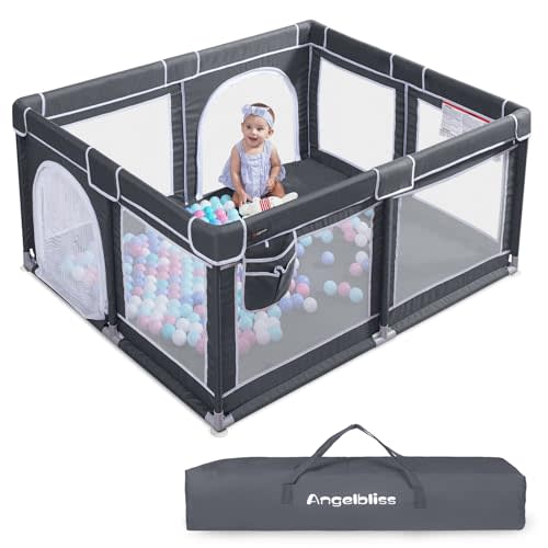 ANGELBLISS Baby Playpen, Extra Large Playard, Indoor & Outdoor Kids Activity Center with Anti-Slip Base, Sturdy Safety Play Yard with Breathable Mesh, Kid's Fence for Toddlers (Dark Grey, 50x50)