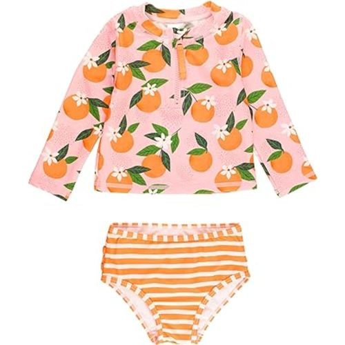 RuffleButts® 6-12m Baby/Toddler Girls Long Sleeve Rash Guard 2 Piece Swimsuit Set w/UPF 50+ Sun Protection with Zipper