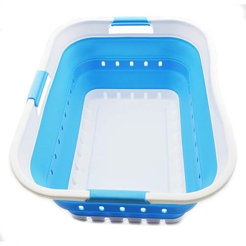 SAMMART 42L (11 gallon) Collapsible Plastic Laundry Basket - Foldable Pop Up Storage Container/Organizer - Space Saving Hamper/Basket (1, White/Marine Blue)