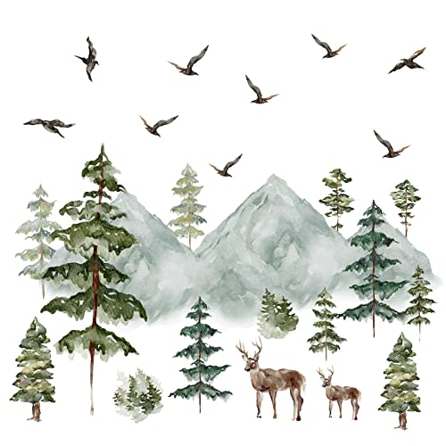 Mountain Wall Decals Large Pine Tree Wall Decals Peel and Stick Forest Tree Deer Birds Woodland Animal Wall Decals Mountain Tree Wall Stickers for Kids Room Nursery Decor