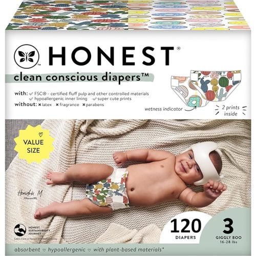 The Honest Company Clean Conscious Diapers | Plant-Based, Sustainable | Cactus Cuties + Donuts | Super Club Box, Size 3 (16-28 lbs), 120 Count