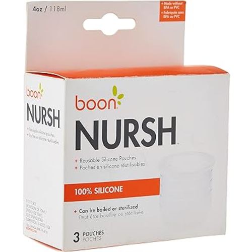 Boon Nursh Reusable Replacement Pouch with Collapsible Silicone Pouch Design - Everyday Baby Essentials - Stage 1 Slow Flow Bottles - Gray - 4 Oz