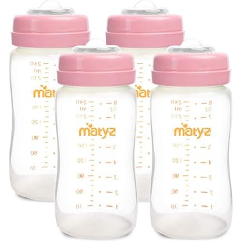 Matyz 4-PACK Breast Milk Collection And Storage Bottles (Pink, 8oz Each) - No BPA Breastmilk Storage Bottles With Lids - Pumping Storage Bottles For Philips Avent Medela Spectra Breast Pumps