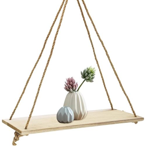 FuninCrea Hanging Shelves for Wall, 13.7×5.5 Inch Rustic Wood Floating Shelves with Swing Rope, Decorative Hanging Wall Shelf Photo Plant Display Shelf for Living Room Bedroom (Natural)