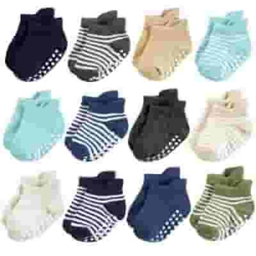 Hudson Baby Infant Boy Non-Skid No-Show Socks, Blue Tan, 6-12 Months