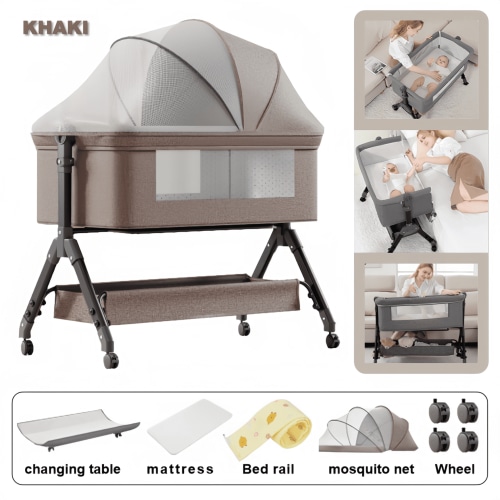 Baby Bassinet & Bedside Bassinet Portable Bcking Crib with Wheels for Baby, Mosquito Net & Storage Basket, 6 Height Adjustable, KHAKI