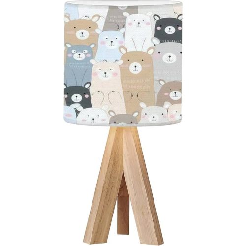 Tripod Bedside Desk Table Lamp Vintage Cute Blue Grey Pastel Baby Bear Cartoon Nightstand Lamp with Linen Shade for Nursery Bedroom Living Room