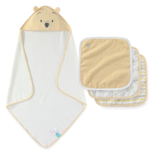 Disney Baby Winnie The Pooh Unisex Hooded Baby-Bath Towel with 3 Washcloths Set for Newborn and Infants