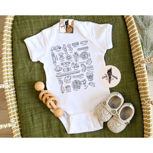 Pasta baby bodysuit, spaghetti fettuccini ravioli noodle baby shirt, Italian baby shirt, Italian pasta pregnancy announcement