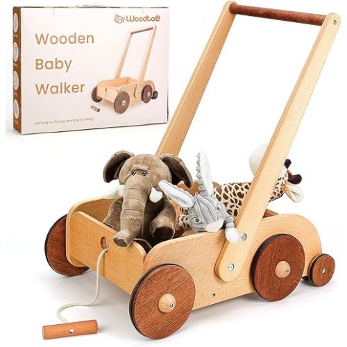 Wooden Baby Walker, Adjustable Speed Anti-Rollover Push Walker Toy for Babies Learning to Walk, Natural Wood Toddler Push and Pull Toys Wagon Birthday Toy for Boy Girl 1-3(Patent Protection)