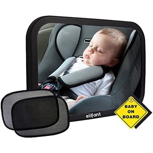 Baby Car Mirror for Back Seat (Fully Assembled) - BONUS Pair of Sunshades, Baby on Board Sign, Microfiber Cleaning Cloth