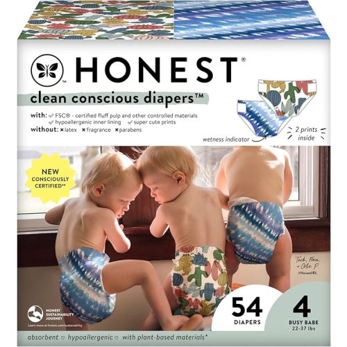 The Honest Company Clean Conscious Diapers | Plant-Based, Sustainable | Tie-Dye for + Cactus Cuties | Club Box, Size 4 (22-37 lbs), 54 Count