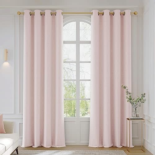 100% Blackout Pink Curtains for Bedroom, Emboosed Textured Floral Curtains 84 Inches Long for Living Room, Thermal Insulated Curtain, Farmhouse Drapes Room Darkening Grommet 2 Panels
