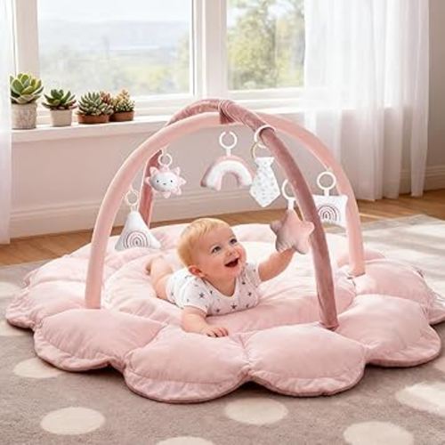 5-in-1 Thick & Plush Baby Play Gym, Baby Play Mats for Floor, Tummy Time Mat with 6 Toys, Convertible Stage-Based Developmental from Babies to Toddlers, Ball Pit, Pink