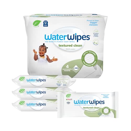 WaterWipes Plastic-Free Textured Clean, Toddler & Baby Wipes, 99.9% Water Based Wipes, Unscented & Hypoallergenic for Sensitive Skin, 60 Count (Pack of 4), Packaging May Vary