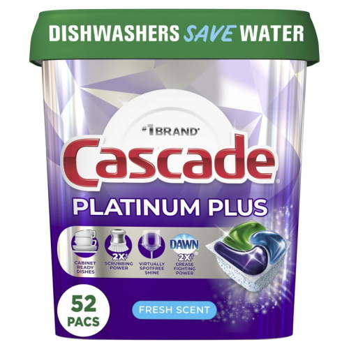 Cascade Platinum Plus Dishwasher Pods, Action Pacs Dishwasher Detergent Tabs, Fresh, 52 Count