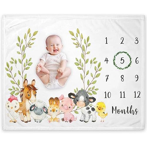Yuzioey Andrain Farm Animals Milestone Blanket, Farm Baby Growth Chart Monthly Blanket, Watch Me Grow Baby Nursery for New Moms Baby Shower, Horse Cow Sheep Pig, Includes Marker (50"x40")