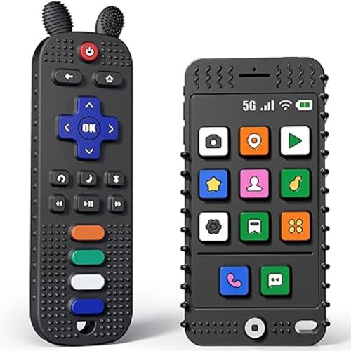 FFTROC TV Remote Control Shape Baby Teething Toys and Phone Shape Teether Toys for Babies 6-12 Months, Sensory Teether Chew Toys for Boys Girls Baby Toddlers Infant - Black