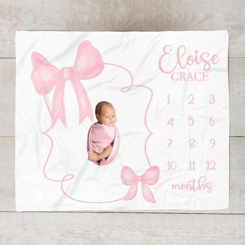 Pink Bow Milestone Blanket, Personalized Baby Girl Month Blanket, Custom Baby Girl Baby Shower Gift, Coquette Aesthetic New Mom Gift SM587
