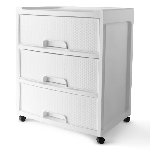 Mainstays 3 Drawer Wide Diamond Arctic White Plastic Storage Cart