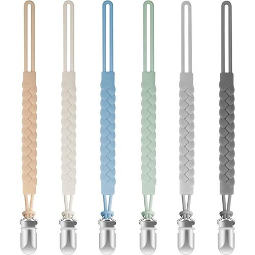 Silicone Pacifier Clips for Baby Boys and Girls, Woven Rope Flexible Design, Pacifier Holders for Teething Relief and Baby Essentials, Safe for Newborns (6 Pack)