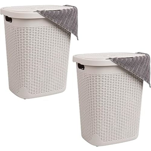 Mind Reader 50L Slim Laundry Hamper, Set of 2, Clothes Basket, Lid, Wicker Design, Plastic, 17.65"L x 13.75"W x 21"H, Ivory