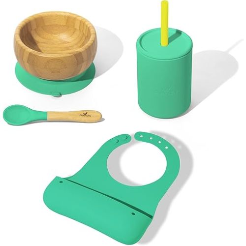 Avanchy Roll & Go Silicone Bibs + 5 oz. Mini Silicone Baby Cup With Straw + Bamboo Suction Baby Bowl
