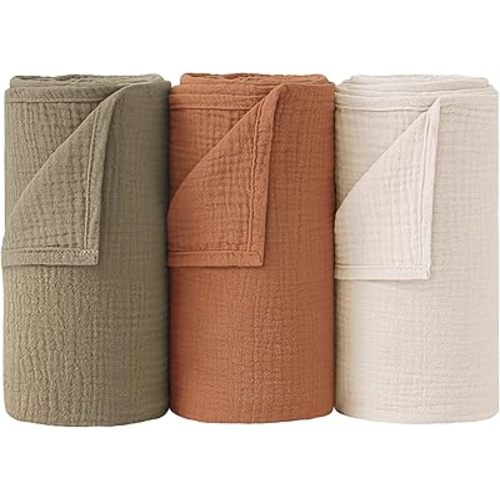 Bearmoss Muslin Swaddle Blankets 100% Cotton Large Baby Swaddle Blankets 47x47in, Super Soft Breathable Receiving Blankets for Unisex Baby Boys Girls (3Pack Nutty Sauce)