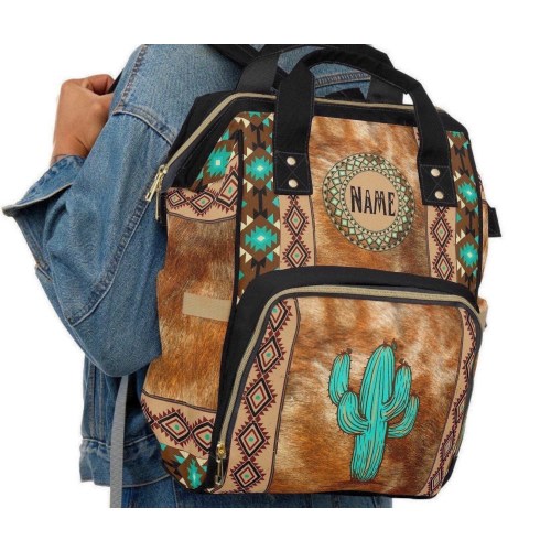 Personalized Western Cowhide Print Diaper Backpack | southwestern cactus baby bag | custom tribal boho backpack | monogrammed bag