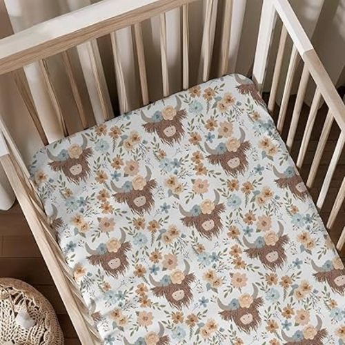 Farm Western Highland Cow Floral Leaves Pattern Baby Sheets for Crib, Unisex Highland Cow Nursery Fitted Bed Sheet for Boys Girls Standard Crib and Toddler Mattress-28x52