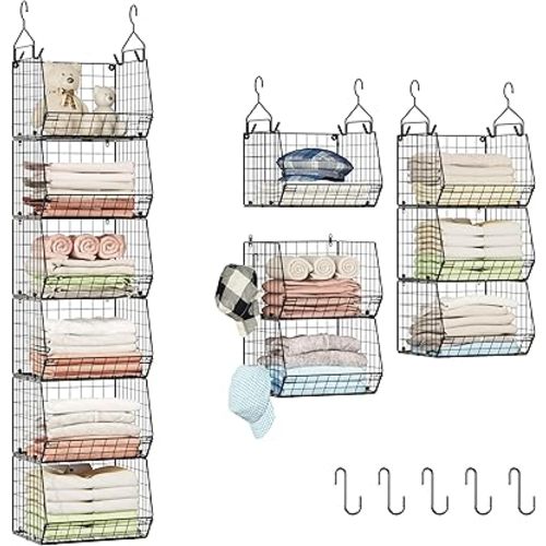 X-cosrack 6 Tier Closet Hanging Organizer, Clothes Shelves with 2 Pair Hooks,5 S Hooks, Wire Storage Basket Bins, for Clothing Sweaters Shoes Handbags Clutches Accessories Patent Design