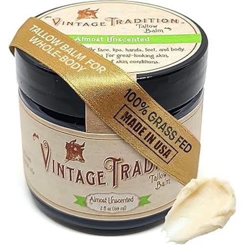 Vintage Tradition Beef Tallow All Purpose Balm - Healing, Hydrating Mild Scent Skin Care Salve Replaces Body Lotion, Hand Cream, More - Essential Oil, Olive Oil, and Grass-Fed Tallow, 2 fl. oz.