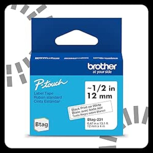 Brother Genuine P-Touch Btag BTAG231 Black on White Label Tape ~1/2in by 13.1ft (12mm x 4m). (Works Only with Brother PT-N10, PT-N20, PT-N25BT Label Makers)