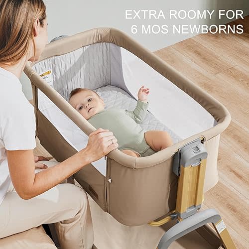 3 in 1 Baby Bassinet, Rocking Bassinets with Comfy Mattress and Wheels, Adjustable Height Bassinet Bedside Sleeper, Easy Folding Portable Crib for Newborn (Khaki)