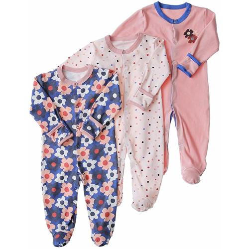 Baby Footed Pajamas with Mittens - 3 Pcs Infant Girls Boys Footie Onesies Sleeper Newborn Cotton Sleepwear Outfits - 0-3 Months - Flower(snap)