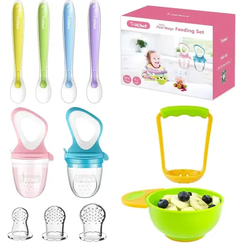 Food Feeder Baby Fresh Fruit Feeder (2 Pack) with 3 Different Sized  Silicone Pacifiers, Mash and Serve Bowl with 4 Soft-Tip Silicone Baby  Spoons, Perfect Baby First Stage Feeding Set by MICHEF 