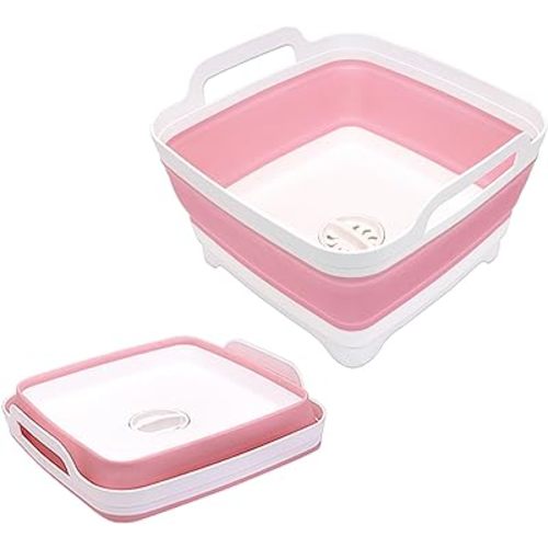 2.4 Gal (9L) Collapsible Dish Basin with Drain Plug, Foldable Sink Tub for Camping, Vegetable Washing, RV, Multiuse Dishpan, Space Saving Kitchen Storage Tray (Pink)