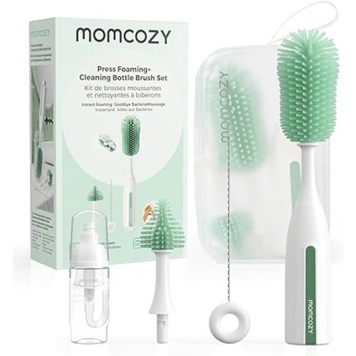 Momcozy Bottle Brush Kit Pro, Innovative Push-Press Design for Deep Cleaning - Bottle Cleaner Brush for Bottle/Breast Pumps/Nipple - Clog-Free Brush & Foam-Generating Design for Better Cleaning, Green