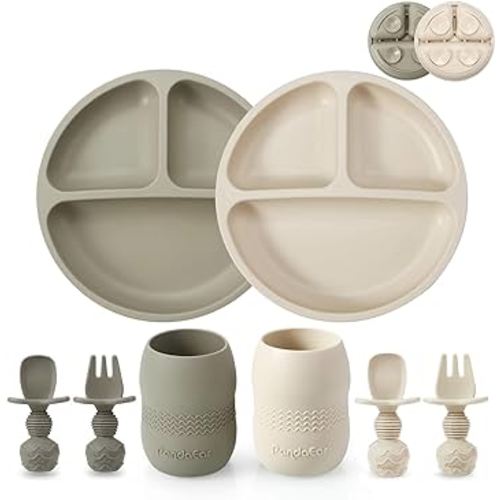 PandaEar Silicone Baby Feeding Set| 2 Pack Silicone Divided Suction Plate and 2 Pack Tiny Cup with 2 Spoons 2 Forks| Baby Led Weaning Supplies Self Feeding Eating Utensils (Linen/Brown)