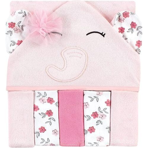 Hudson Baby Unisex Baby Hooded Towel and Five Washcloths, Floral Pretty Elephant, One Size