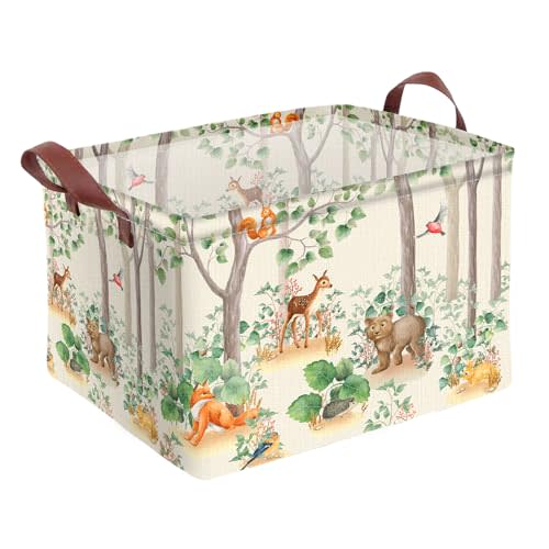 Woodland Animal Storage Basket Waterproof Canvas Toy Storage Bin Home Forest Decor Collapsible Outdoor Basket with Leather Handles Woodland Decor Blanket Baskets For Closets,Bedrooms,Gifts Baskets