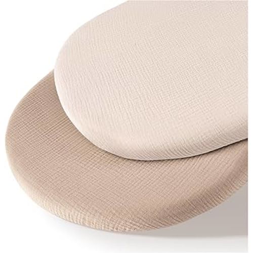 Muslin Bassinet Sheets for Baby Neutral, Soft Breathable Cotton Fitted Sheets for Oval, Rectangle, Hourglass Bassinet Mattress/Pad - 2 Pack (Ivory& Ash)