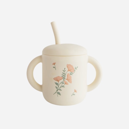 Silicone Training Cup + Straw - Pink Flowers